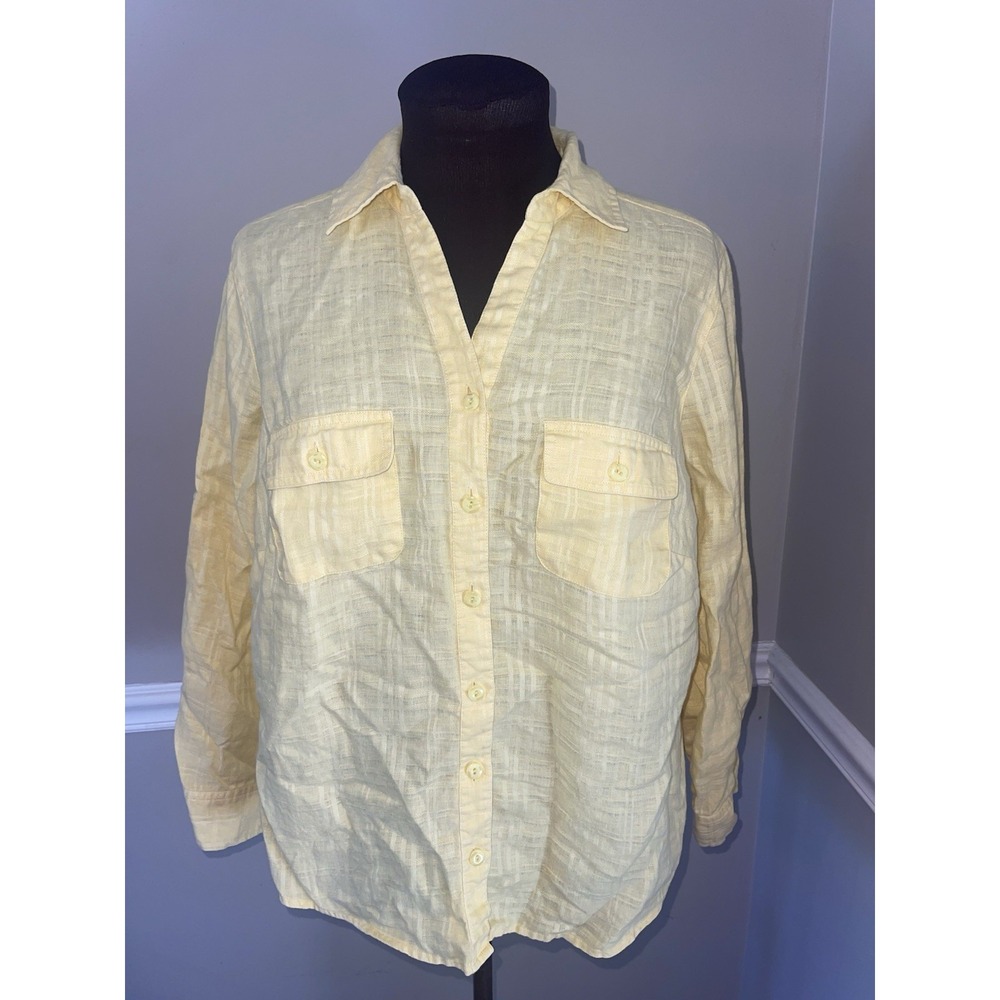 Studio Works Womens Plus Size 1X Yellow Roll Cuff Sleeve Linen Button Up Shirt
